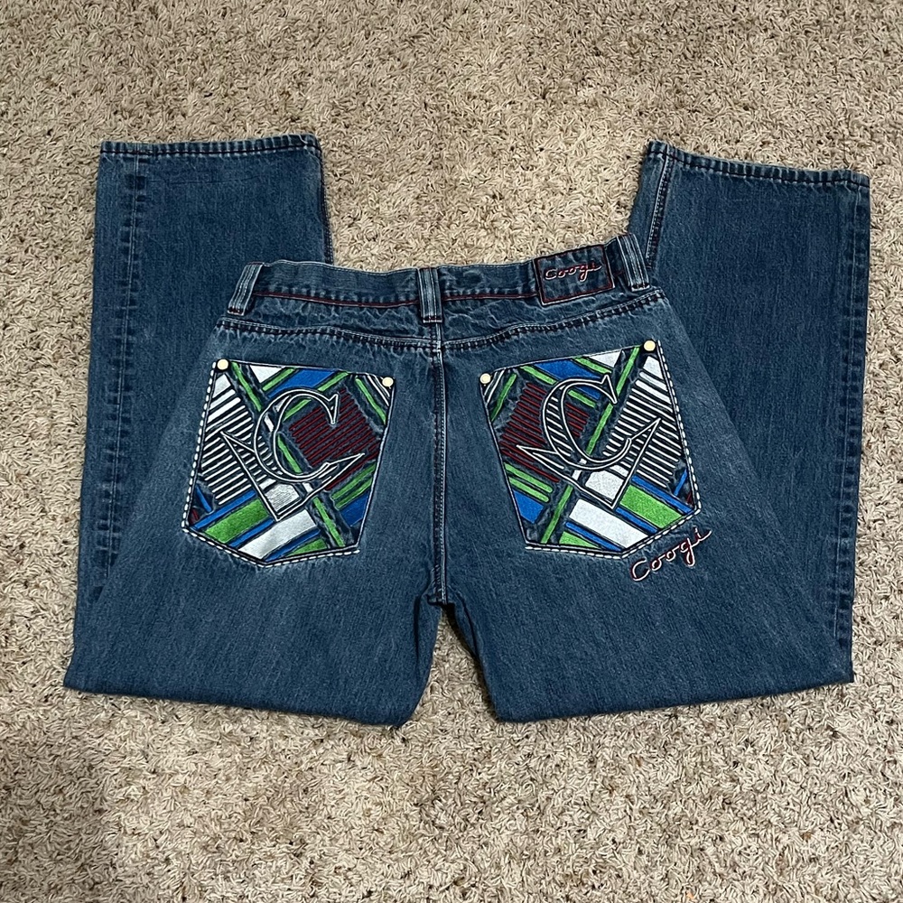 COOGI Denim Jeans Red Stitching Embroidered Pockets Branded Buttons 36x34